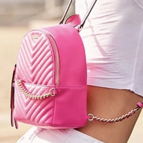 Victoria’s Secret | Hot Pink Mini Quilted & Gold Chain Backpack - Picture 1 of 15